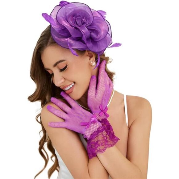 Fascinator Hat Veil Feather Purple main image 7